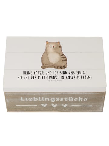 Mr. & Mrs. Panda Holzkiste Katze Sitzen mit Spruch in Weiß