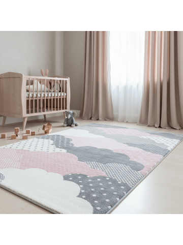 KADIMA DESIGN Kinderteppich Waschbar Wolken COGNE Strapazierfähig OEKO-TEX in Pink