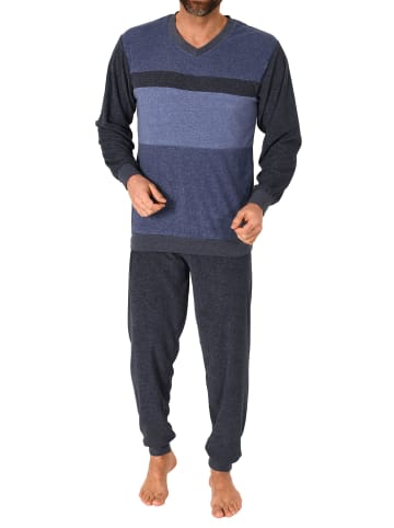 NORMANN Frottee Schlafanzug langarm Bündchen Blockstreifen - 75367 in blau