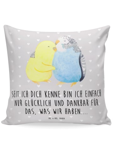 Mr. & Mrs. Panda Sofakissen Wellensittich Liebe mit Spruch in Grau Pastell