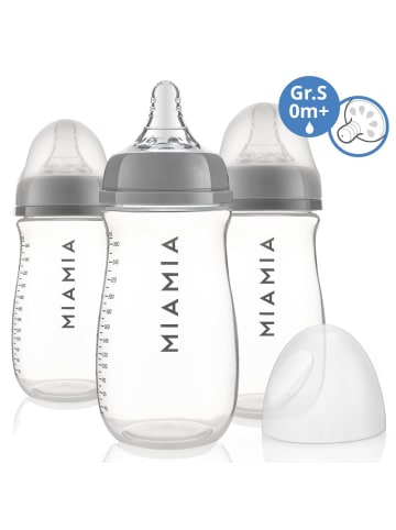 MiaMia PP-Flasche 3er Pack 260 ml + Silikon-Trinksauger in grau