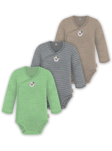 Normani Outdoor Sports 3er Pack Baby Merino Langarm Wickelbody in Beige/Grau/Grün