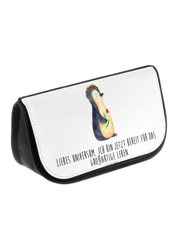 Mr. & Mrs. Panda Kulturtasche Pinguin Blumen mit Spruch in Weiß