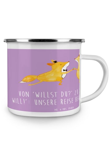Mr. & Mrs. Panda Emaille Tasse Verlobung Abenteuer mit Spruch in Lavendeltraum