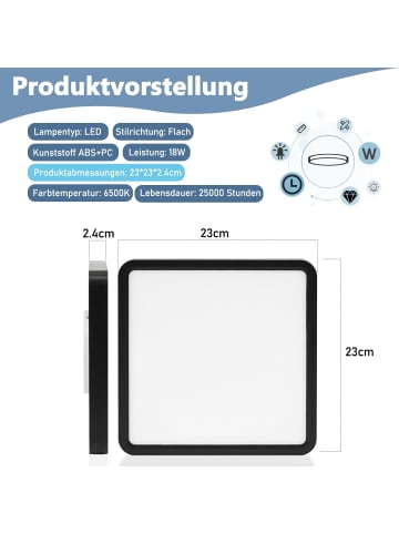 ZMH Deckenleuchte LED in schwarz Ø23CM Eckig 6500K Kaltweiß Flurlampe 18W