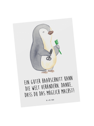 Mr. & Mrs. Panda Postkarte Friseur Wunder mit Spruch in Weiß