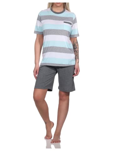 NORMANN kurzarm Shorty Schlafanzug Blockstreifen in helltürkis