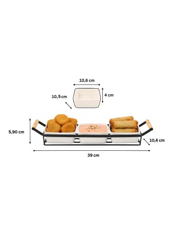 Cheffinger Servierset 4-teilig - Keramikschalen im Metallgestell mit Holzgriffen in Schwarz