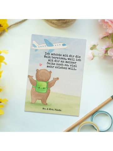Mr. & Mrs. Panda Ansichtskarte Bär Flugzeug Design mit Spruch in Weiß