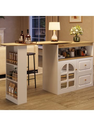 ABRIHOME Bartisch mit 2 Schubladen in Weiß - drehbarer Sideboardschrank mit Regalen 
