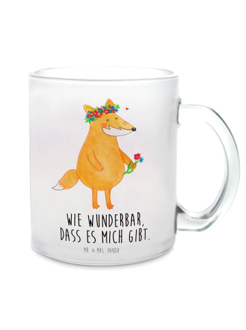 Mr. & Mrs. Panda Teetasse Glas Fuchs Blumen mit Spruch in Transparent