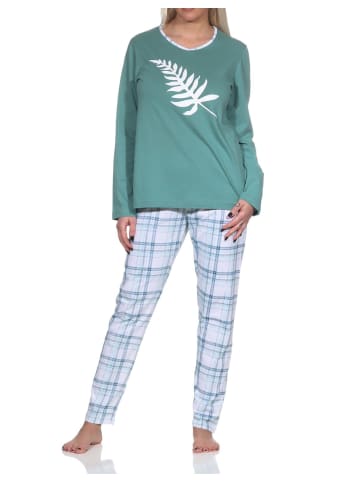 NORMANN Damen Schlafanzug langarm in tollen Farben mit Karo-Muster - 86312 in blau