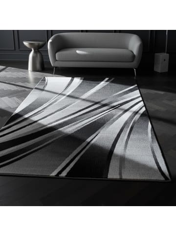KADIMA DESIGN Teppich Kurzflor Waschbar Wellen DRAU Strapazierfähig OEKO-TEX in Schwarz