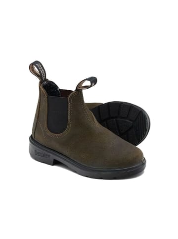 Blundstone Chelsea Boot "#2496 Dark Olive Waxed Suede (Kids)" in Braun