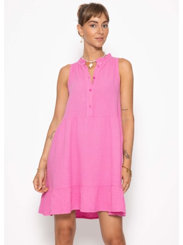 SASSYCLASSY Ärmelloses Musselin Kleid mit Volants und floralem Print in Pink