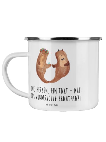 Mr. & Mrs. Panda Camping Emaille Tasse Brautpaar Herzen mit Spruch in Transparent