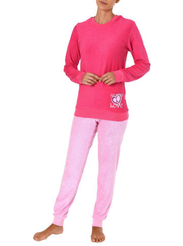 NORMANN Frottee Pyjama langarm Schlafanzug Bündchen und Herz in pink