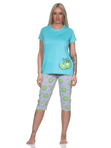 NORMANN Schlafanzug kurzarm Pyjama Capri Pyjamahose Kiwi print - 86378 in türkis