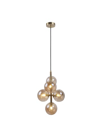 home24 Pendelleuchte KJUL 5-flammig in Metall Gold glänzend / Glas Bernsteinfarben