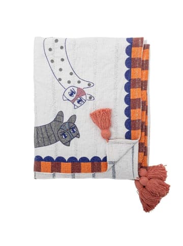 Bloomingville Decke MISSY Weiß mit Katzen und Quasten 160x130 cm