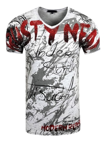 Rusty Neal V-Neck T-Shirt im Strass-Stein-Design in Grau