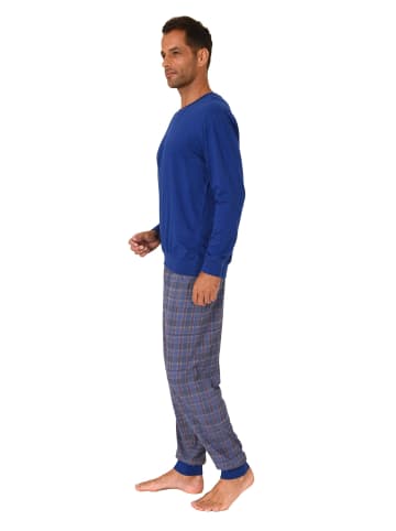 NORMANN langarm Schlafanzug Pyjama Bündchen und karierter Jersey Hose in blau