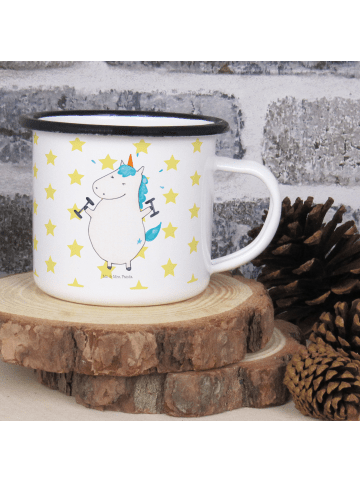 Mr. & Mrs. Panda XL Emaille Tasse Einhorn Fitness ohne Spruch in Weiß