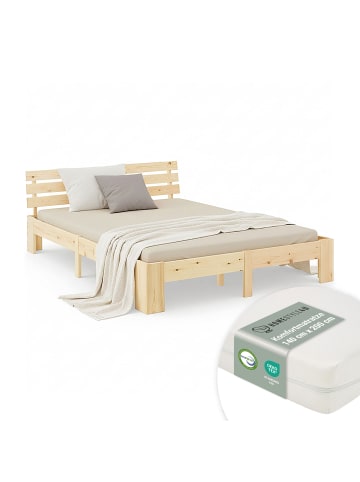 Homestyle4u Holzbett 140x200 mit Lattenrost und Matratze in Braun