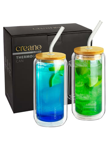 Creano 2 Thermogläser mit Glastrinkhalm und Bambusdeckel 360ml