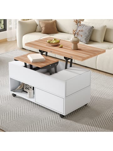 ABRIHOME Multifunktionaler Couchtisch mit 4 Rollen und Stauraum in Weiß,  100*50*52cm