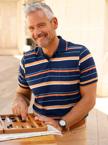 WITT WEIDEN Kurzarm-Poloshirt in dunkelblau-papaya-gestreift