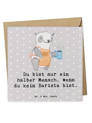 Mr. & Mrs. Panda Einladungskarte Barista Herz mit Spruch in Grau Pastell