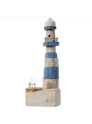 MARELIDA Teelichthalter Leuchtturm Maritim H: 39,5cm in weiß/blau