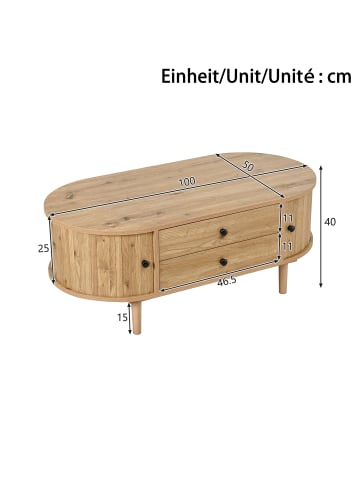 ABRIHOME Couchtisch in Holzfarbe oval mit Schiebetüren 2 Schubladen