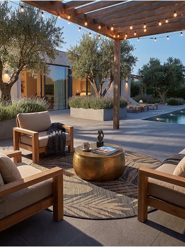 KADIMA DESIGN Outdoor-Teppich VIGOLENO Blattmuster Wohnzimmer Balkon in Schwarz-Sandbraun