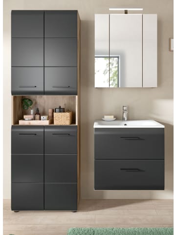 Inn.Furn Badmöbel-Set schwarz matt, Eiche 3-teilig, Badkombination inklusive Waschbecken