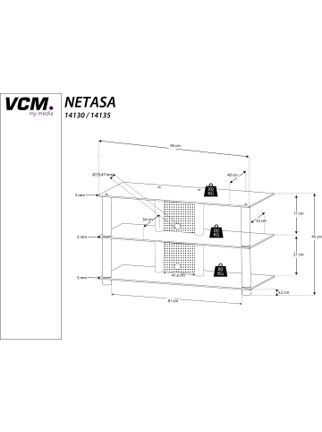 VCM  TV Möbel Fernseh Rack Alu Glas Netasa in Schwarzglas