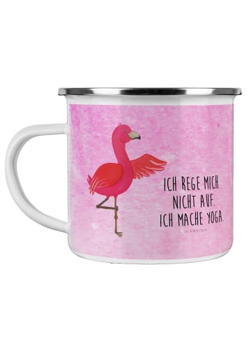 Mr. & Mrs. Panda Camping Emaille Tasse Flamingo Yoga mit Spruch in Aquarell Pink