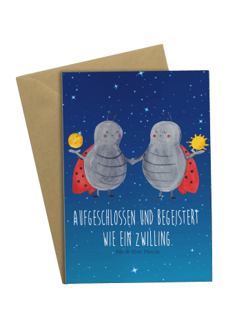 Mr. & Mrs. Panda Grußkarte Sternzeichen Zwilling mit Spruch in Sternenhimmel Blau