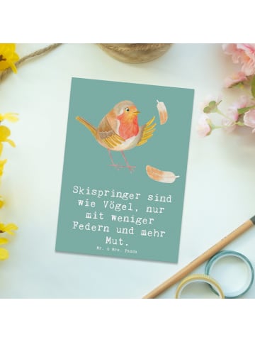 Mr. & Mrs. Panda Postkarte Skispringen Mut mit Spruch in Meeresbrise