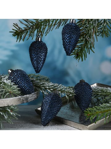 MARELIDA 6er Set Baumschmuck Tannenzapfen bruchfest glitzernd in blau