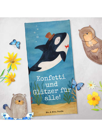 Mr. & Mrs. Panda Badehandtuch Orca Zylinder Design mit Spruch in Weiß