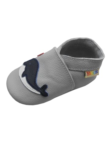 Yalion Hellgraue Leder-Baby-Lauflernschuhe mit rutschfester Sohle – Wal-Muster