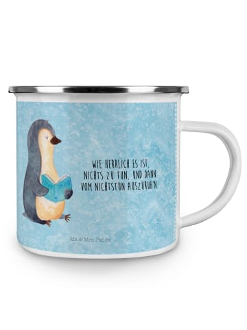 Mr. & Mrs. Panda Camping Emaille Tasse Pinguin Buch mit Spruch in Eisblau