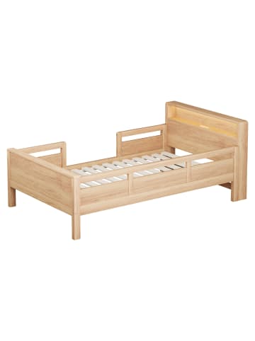 ABRIHOME Einzelbett Kinderbett 90 x 200 cm mit LED, USB und Tape C Ablagefunktion, Holzfarbe