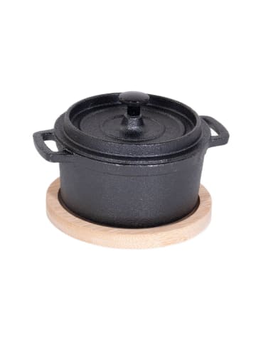 Excellent Houseware Gusseiserner Topf mit Deckel und Servierbrett, 200 ml, Set in Schwarz