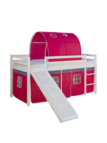 Homestyle4u Hochbett 90x200 mit Vorhang, Rutsche und Tunnel in Weiß