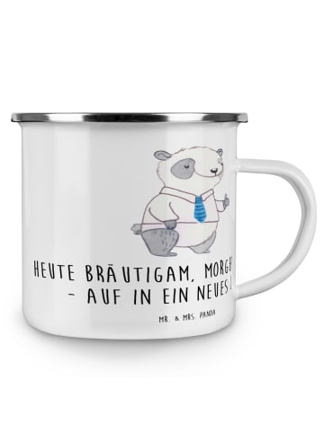 Mr. & Mrs. Panda Camping Emaille Tasse Bräutigam Heute mit Spruch in Transparent