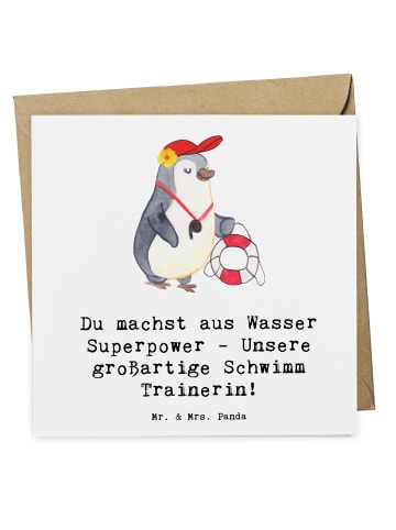 Mr. & Mrs. Panda Klappkarte Superpower Schwimmen Trainerin mit S... in Weiß