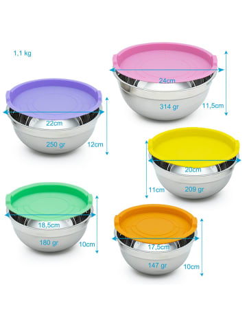 Intirilife Rührschüsseln 5er Set Edelstahl mit luftdichten Deckeln Salatschüssel in Bunt